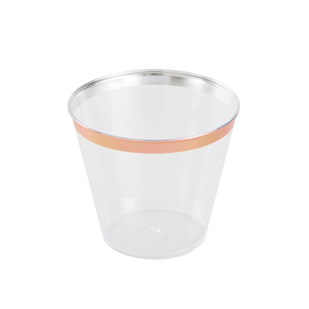 Chef 101 5 oz Clear Plastic Tumbler - with Rose Gold Rim - 2 3/4" x 2 3/4" x 2 1/4" - 20 count box