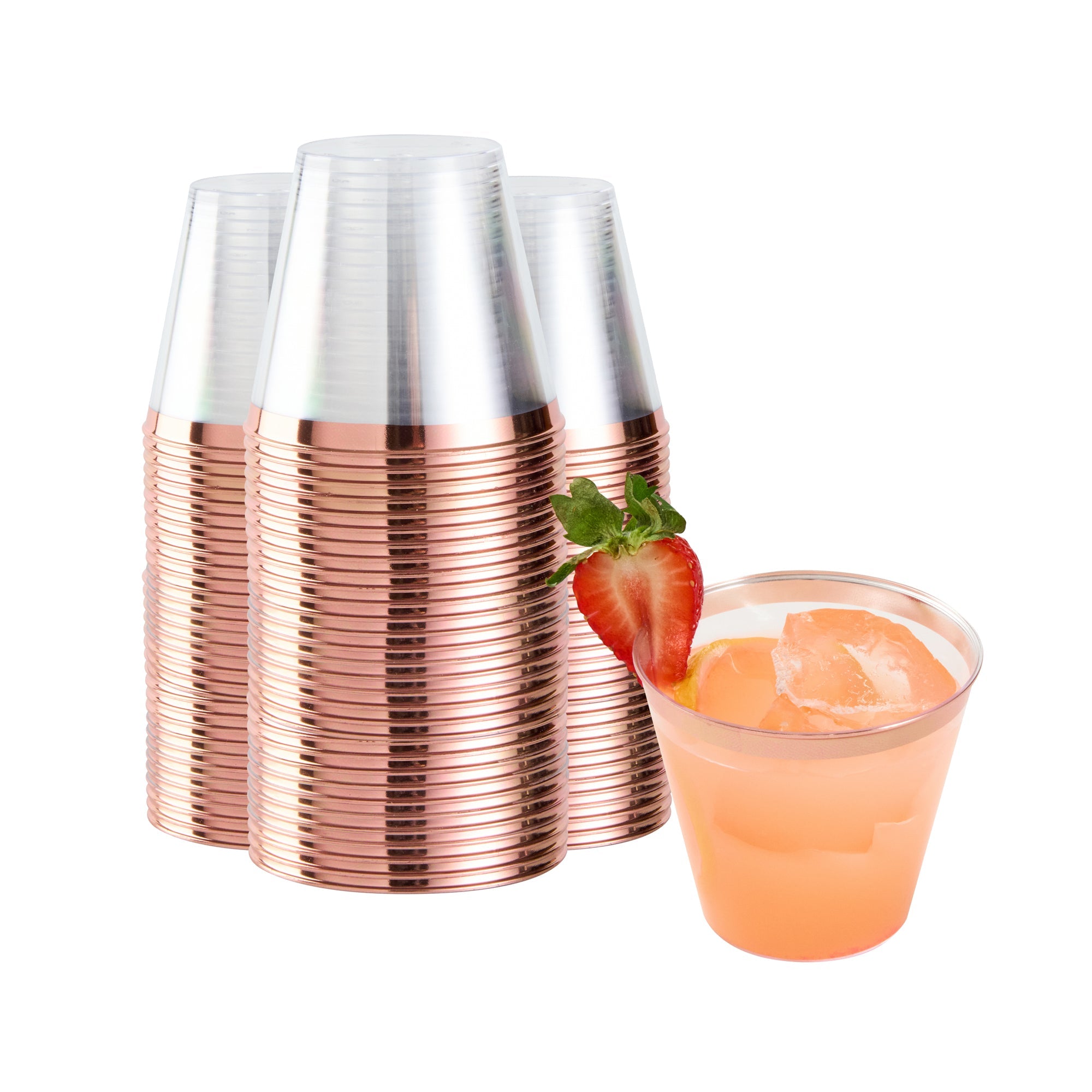 Chef 101 5 oz Clear Plastic Tumbler - with Rose Gold Rim - 2 3/4" x 2 3/4" x 2 1/4" - 20 count box