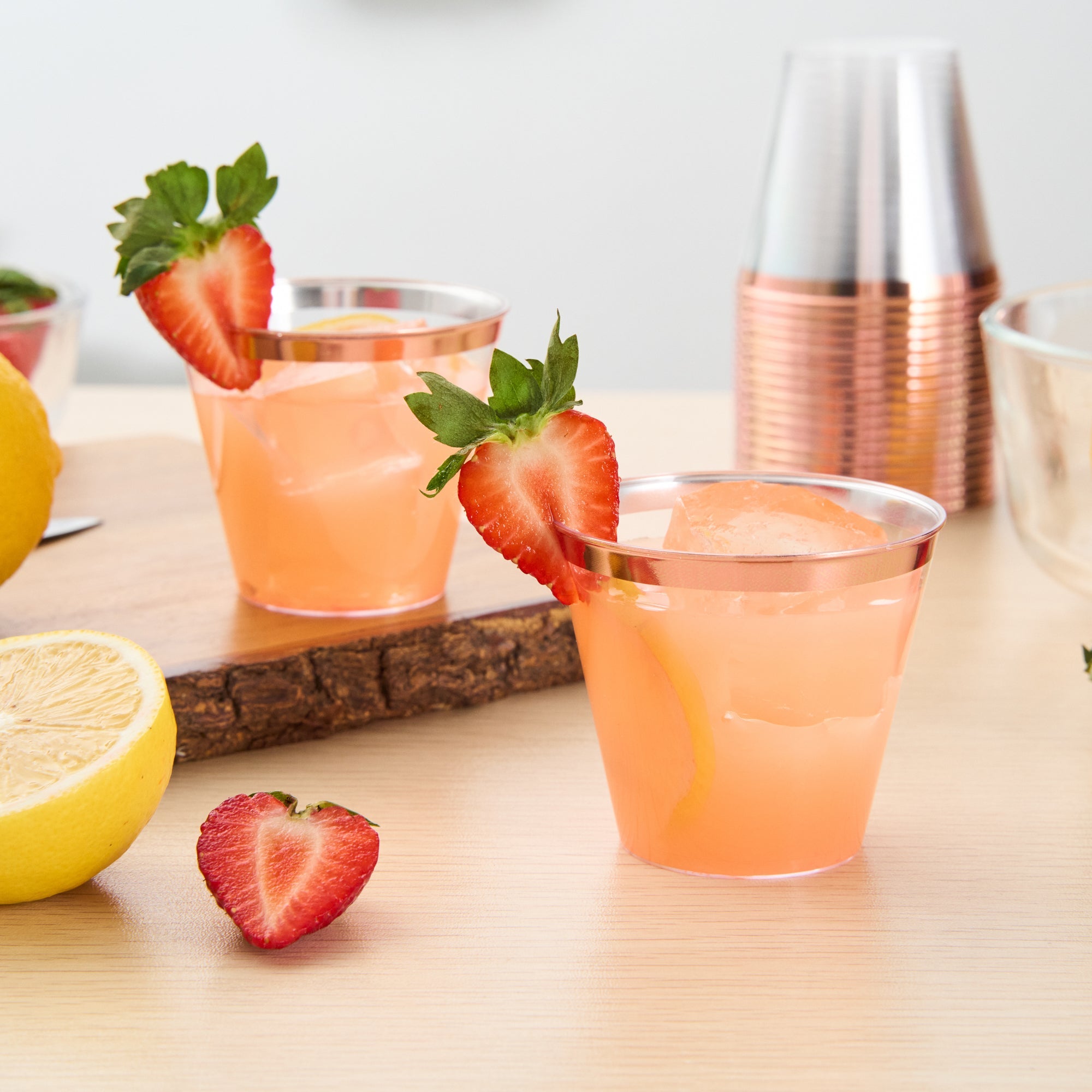 Chef 101 5 oz Clear Plastic Tumbler - with Rose Gold Rim - 2 3/4" x 2 3/4" x 2 1/4" - 20 count box