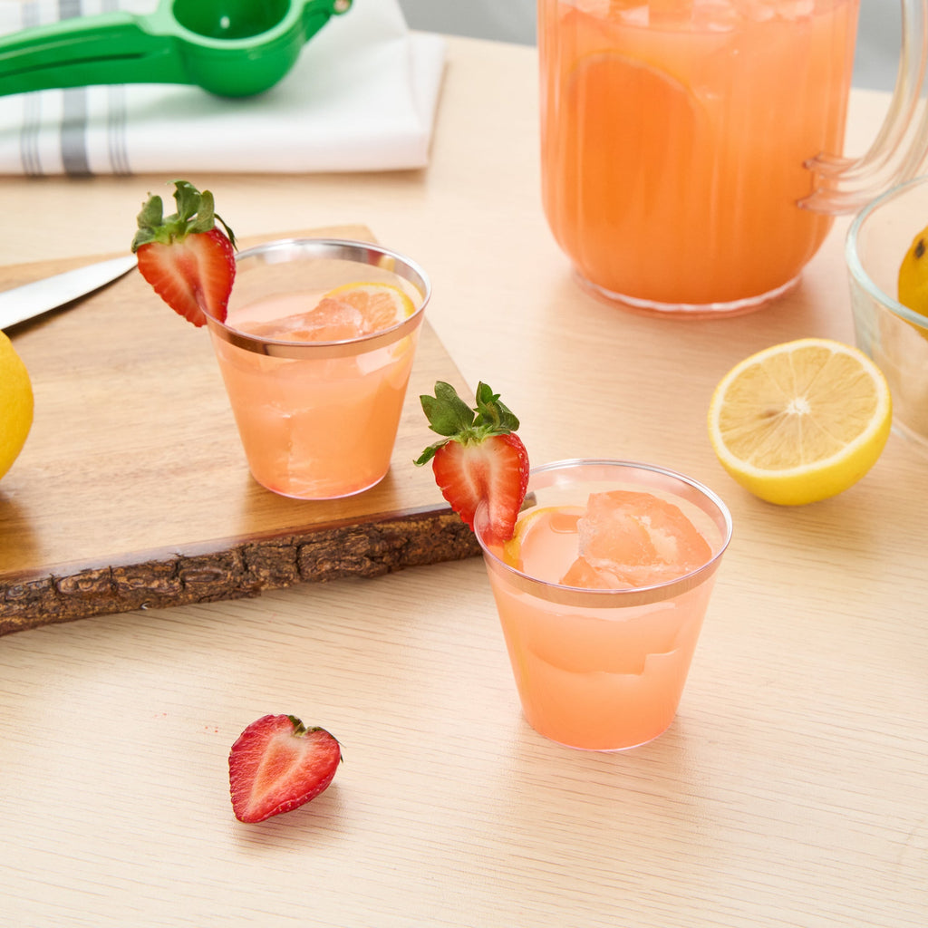 Chef 101 5 oz Clear Plastic Tumbler - with Rose Gold Rim - 2 3/4" x 2 3/4" x 2 1/4" - 20 count box
