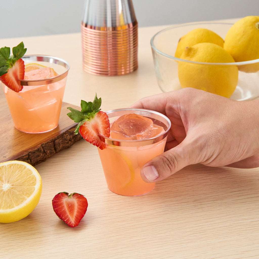 Chef 101 5 oz Clear Plastic Tumbler - with Rose Gold Rim - 2 3/4" x 2 3/4" x 2 1/4" - 20 count box