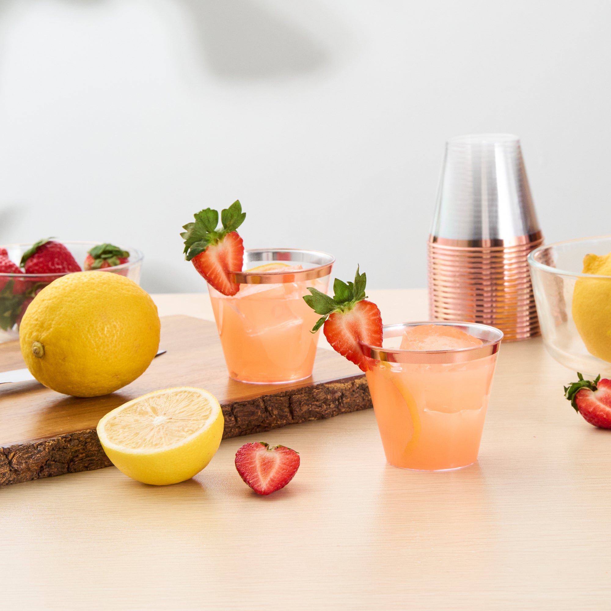 Chef 101 5 oz Clear Plastic Tumbler - with Rose Gold Rim - 2 3/4" x 2 3/4" x 2 1/4" - 20 count box