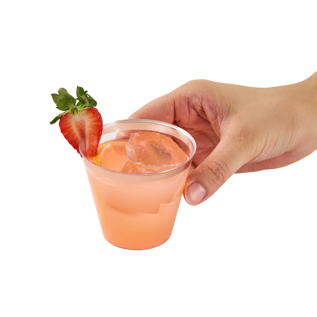 Chef 101 5 oz Clear Plastic Tumbler - with Rose Gold Rim - 2 3/4" x 2 3/4" x 2 1/4" - 500 count box