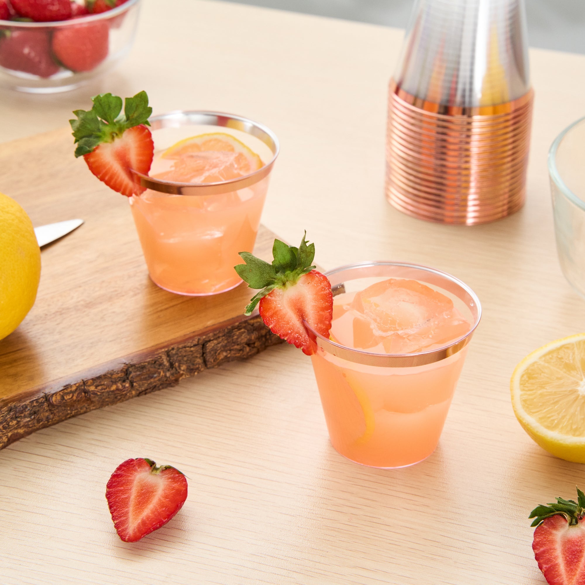 Chef 101 5 oz Clear Plastic Tumbler - with Rose Gold Rim - 2 3/4" x 2 3/4" x 2 1/4" - 500 count box