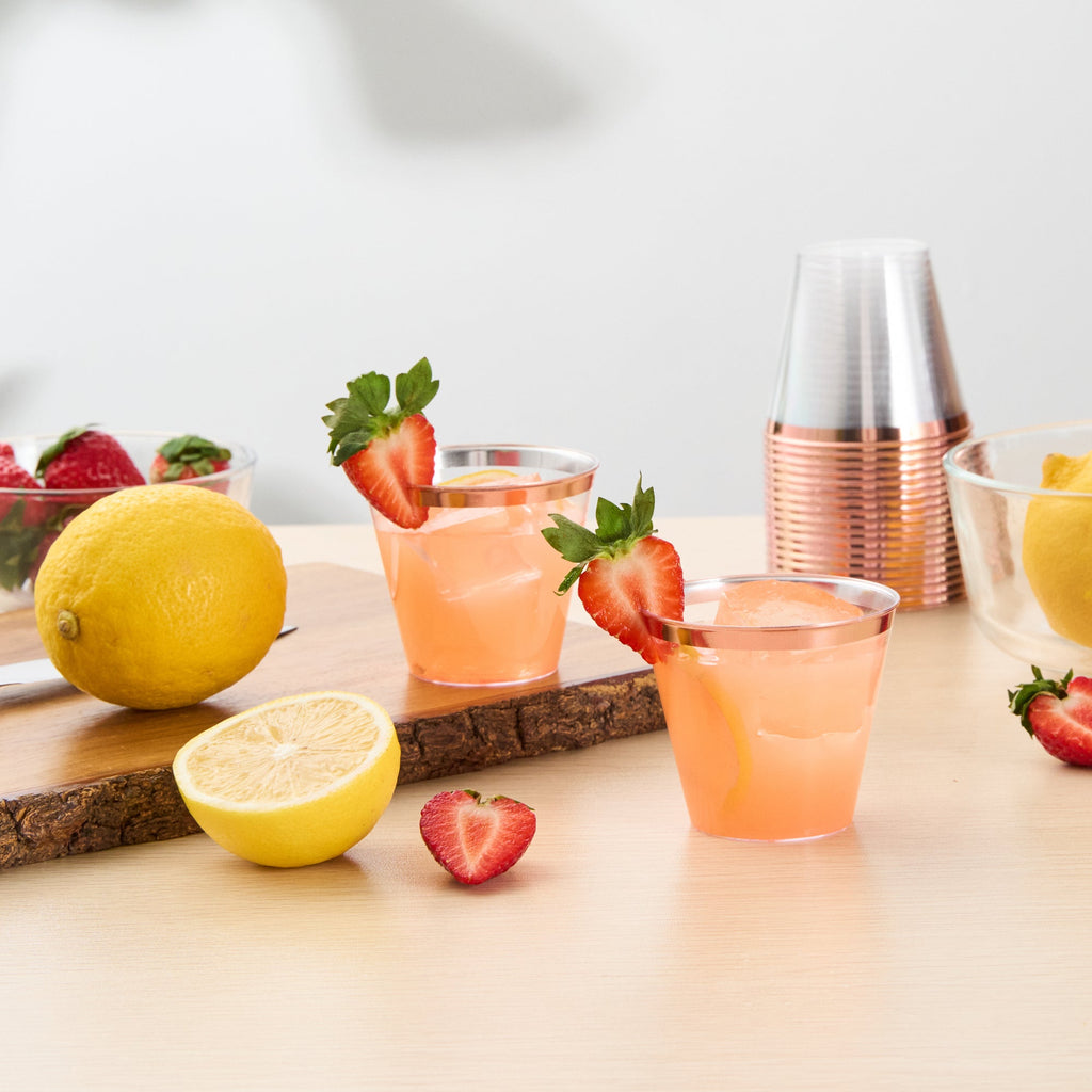 Chef 101 5 oz Clear Plastic Tumbler - with Rose Gold Rim - 2 3/4" x 2 3/4" x 2 1/4" - 500 count box