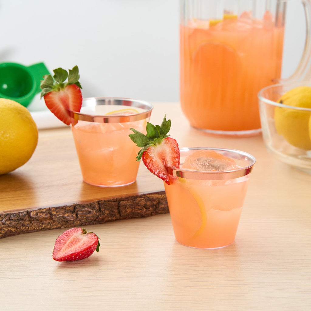 Chef 101 5 oz Clear Plastic Tumbler - with Rose Gold Rim - 2 3/4" x 2 3/4" x 2 1/4" - 500 count box
