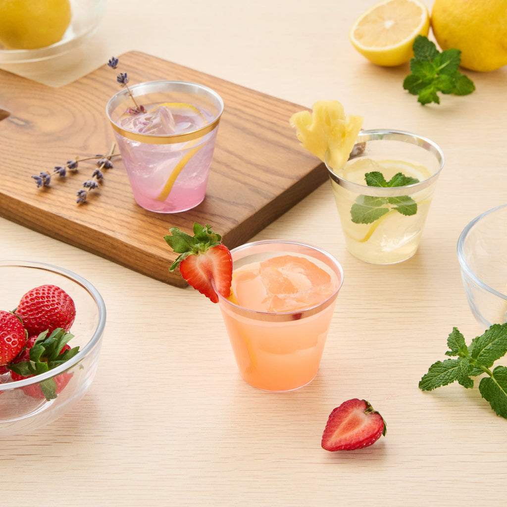 Chef 101 5 oz Clear Plastic Tumbler - with Rose Gold Rim - 2 3/4" x 2 3/4" x 2 1/4" - 500 count box