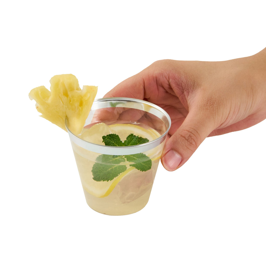 Chef 101 5 oz Clear Plastic Tumbler - with Silver Rim - 2 3/4" x 2 3/4" x 2 1/4" - 20 count box