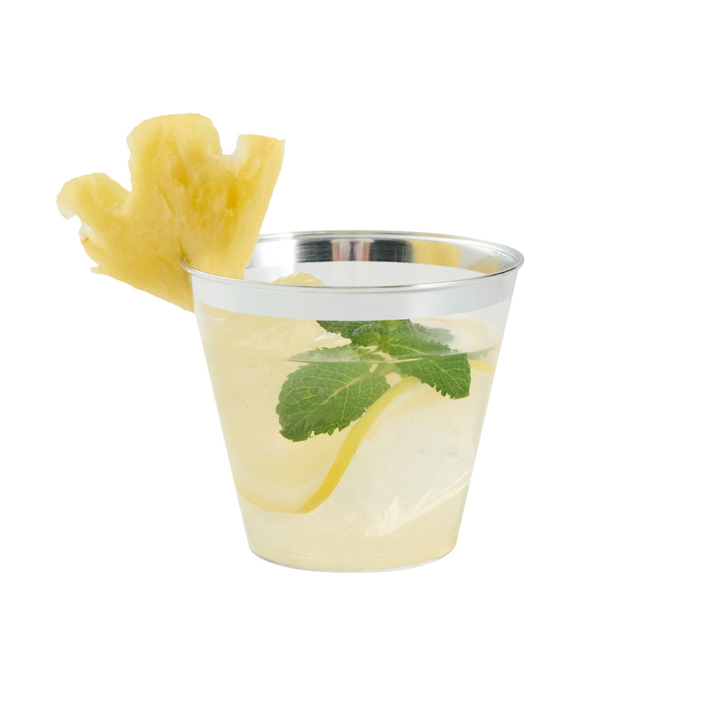 Chef 101 5 oz Clear Plastic Tumbler - with Silver Rim - 2 3/4" x 2 3/4" x 2 1/4" - 20 count box