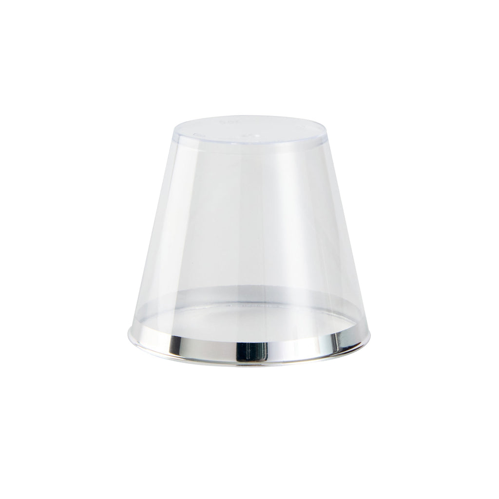 Chef 101 5 oz Clear Plastic Tumbler - with Silver Rim - 2 3/4" x 2 3/4" x 2 1/4" - 20 count box