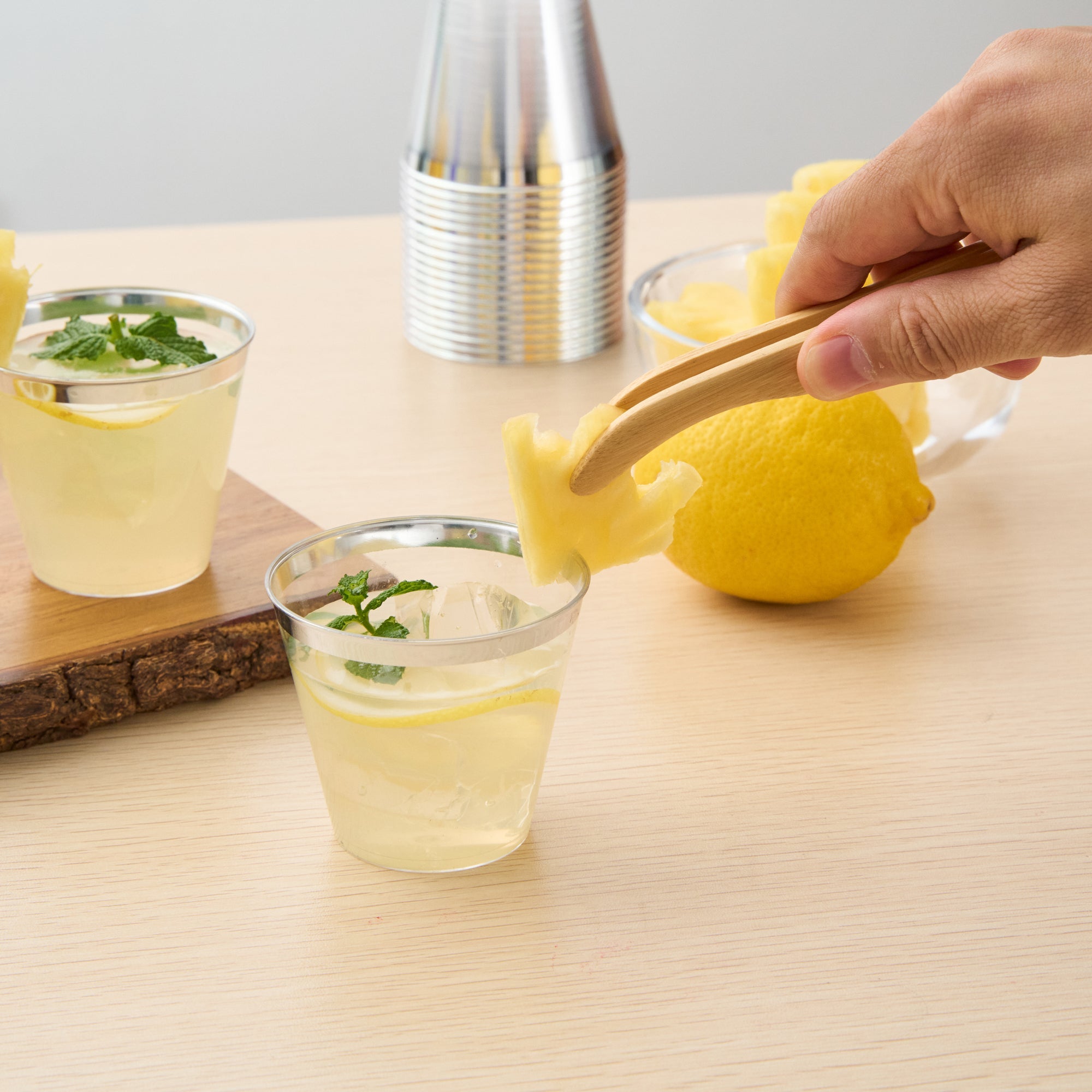 Chef 101 5 oz Clear Plastic Tumbler - with Silver Rim - 2 3/4" x 2 3/4" x 2 1/4" - 20 count box