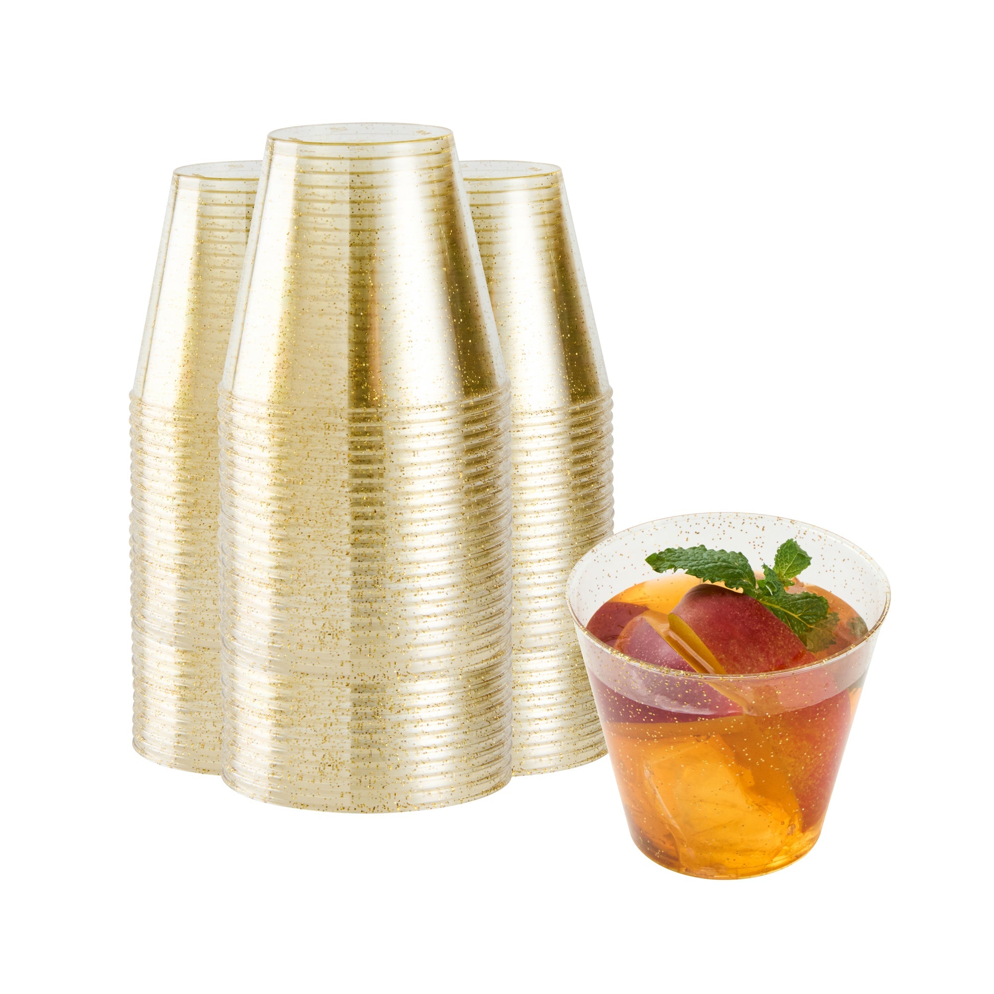 Chef 101 5 oz Gold Glitter Plastic Tumbler - 2 3/4" x 2 3/4" x 2 1/4" - 500 count box