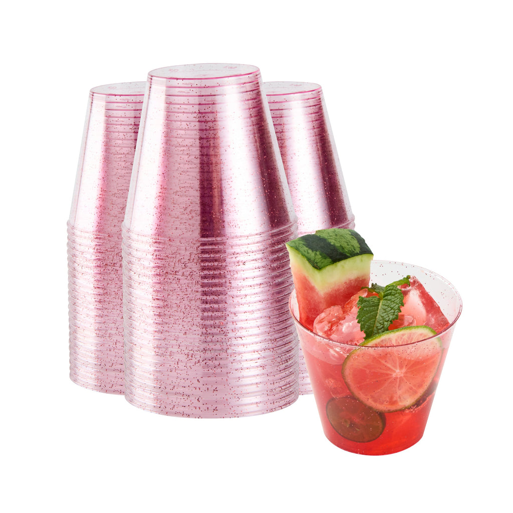 Chef 101 5 oz Pink Glitter Plastic Tumbler - 2 3/4" x 2 3/4" x 2 1/4" - 20 count box