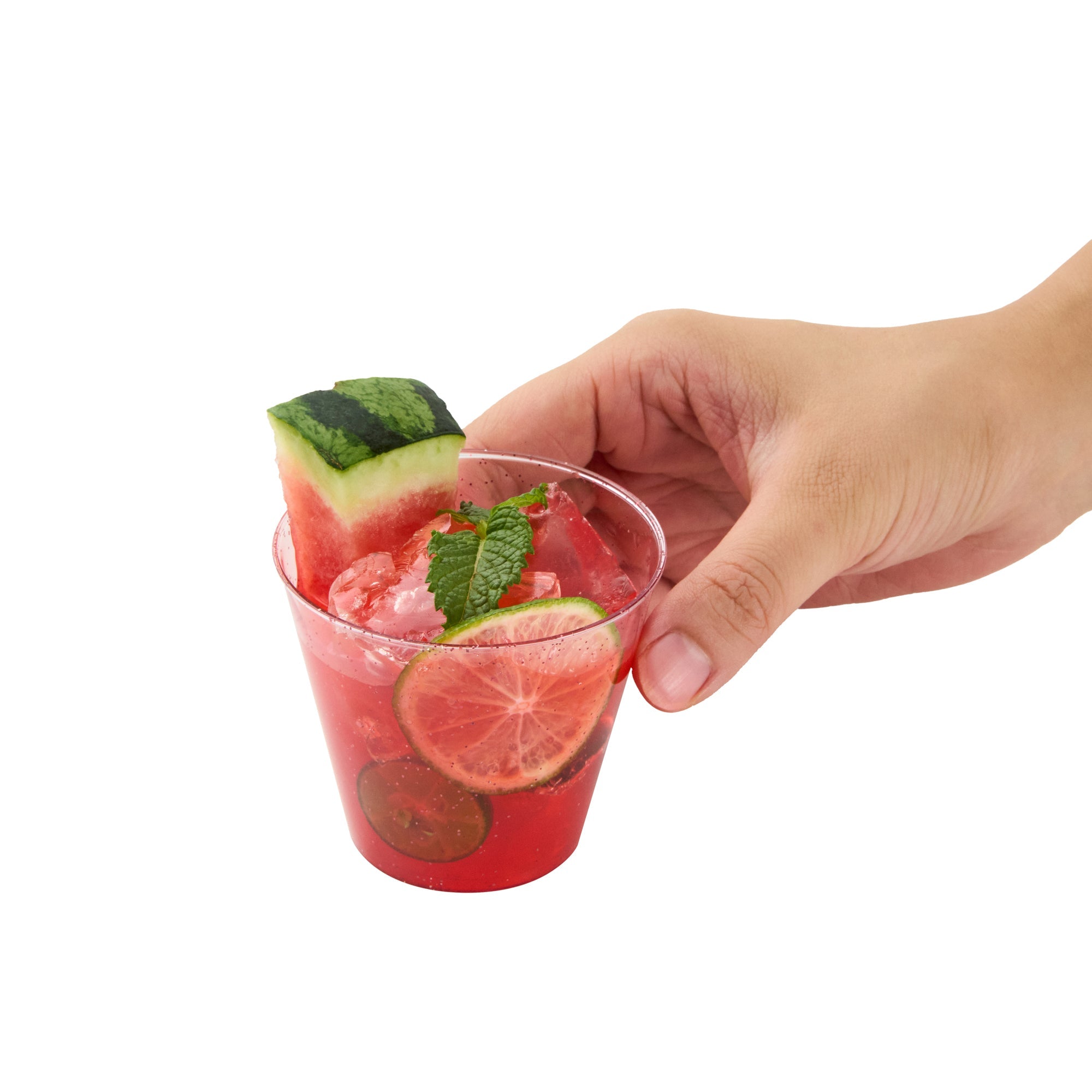 Chef 101 5 oz Pink Glitter Plastic Tumbler - 2 3/4" x 2 3/4" x 2 1/4" - 20 count box