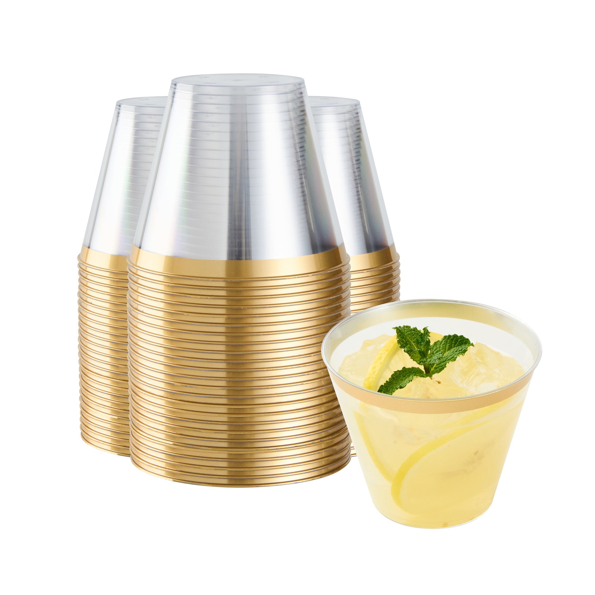 Chef 101 9 oz Clear Plastic Tumbler - with Gold Rim - 3 1/2" x 3 1/2" x 2 3/4" - 20 count box
