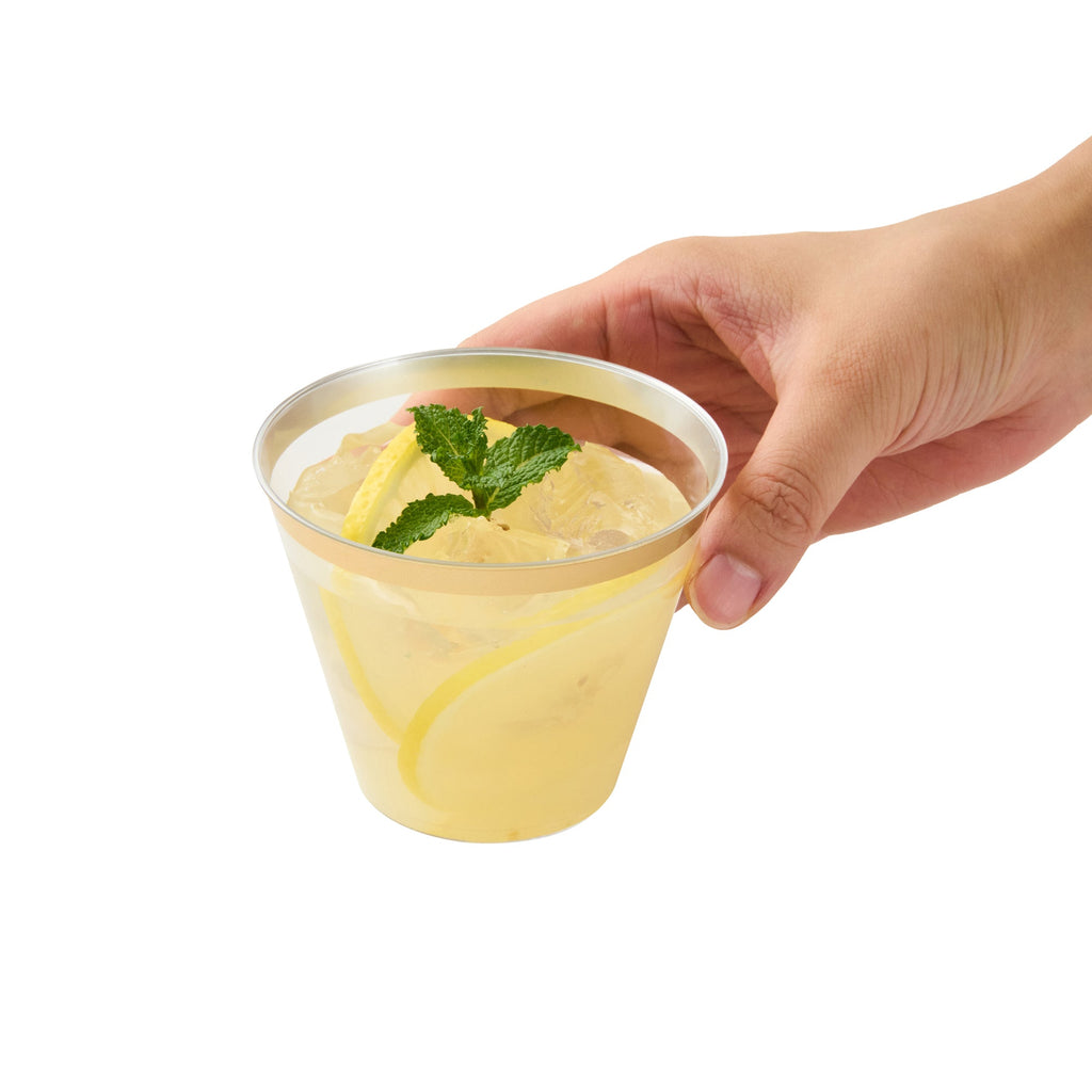 Chef 101 9 oz Clear Plastic Tumbler - with Gold Rim - 3 1/2" x 3 1/2" x 2 3/4" - 20 count box