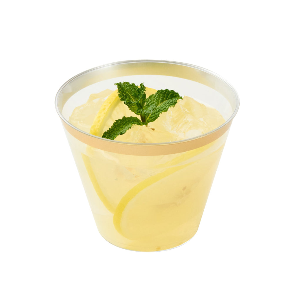 Chef 101 9 oz Clear Plastic Tumbler - with Gold Rim - 3 1/2" x 3 1/2" x 2 3/4" - 20 count box