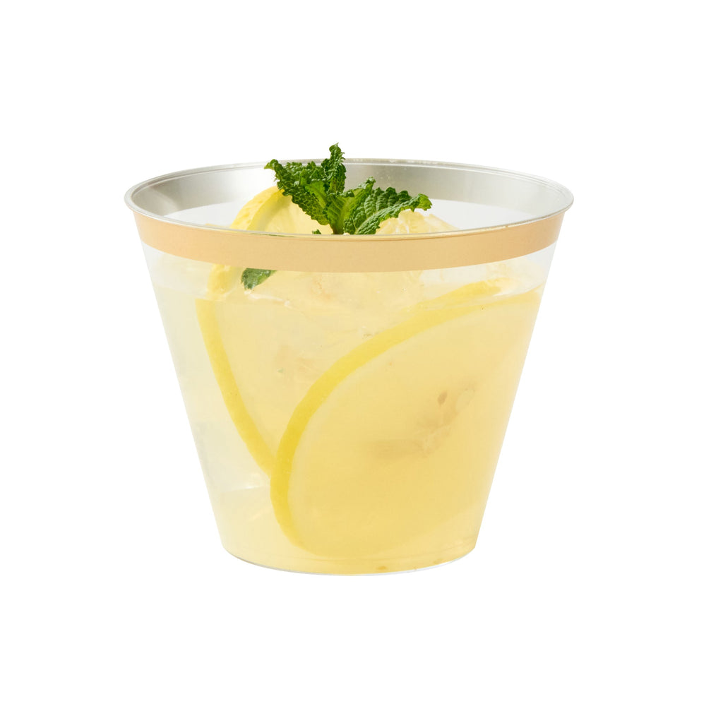 Chef 101 9 oz Clear Plastic Tumbler - with Gold Rim - 3 1/2" x 3 1/2" x 2 3/4" - 20 count box