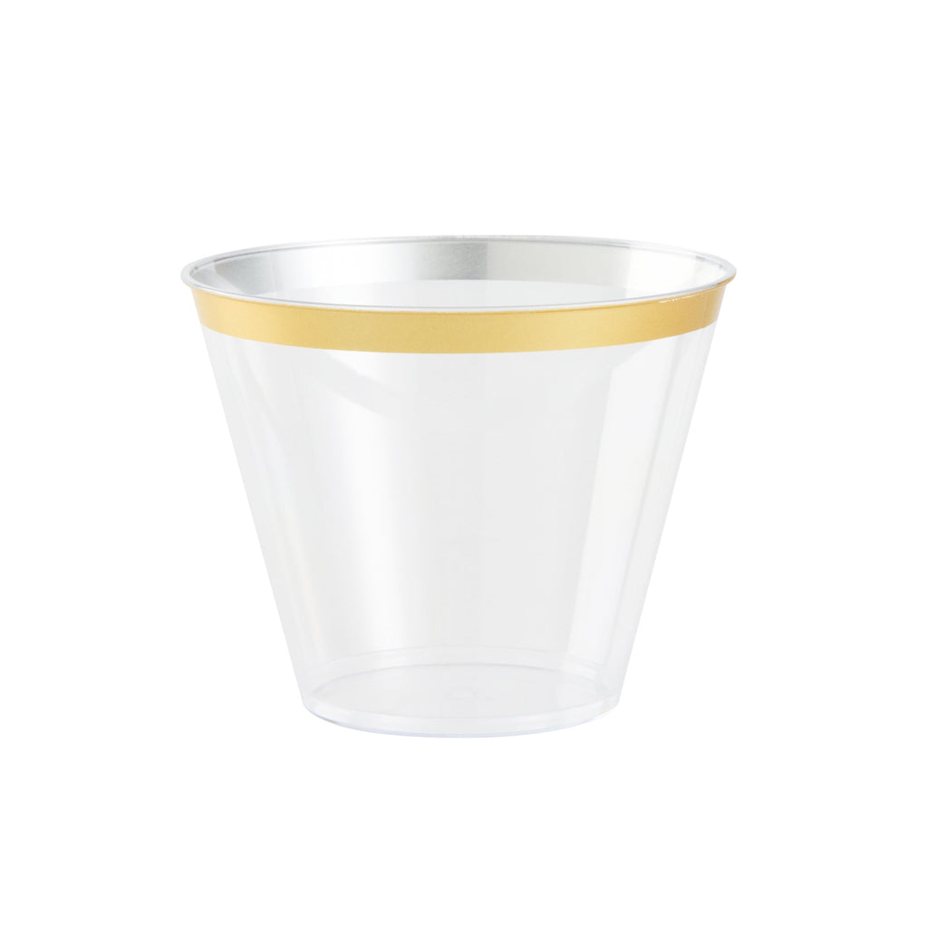 Chef 101 9 oz Clear Plastic Tumbler - with Gold Rim - 3 1/2" x 3 1/2" x 2 3/4" - 20 count box