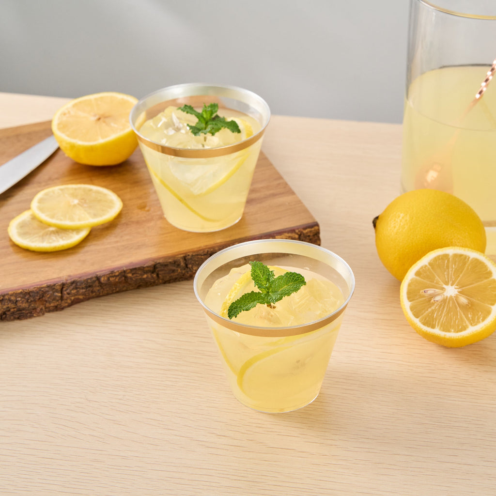 Chef 101 9 oz Clear Plastic Tumbler - with Gold Rim - 3 1/2" x 3 1/2" x 2 3/4" - 20 count box