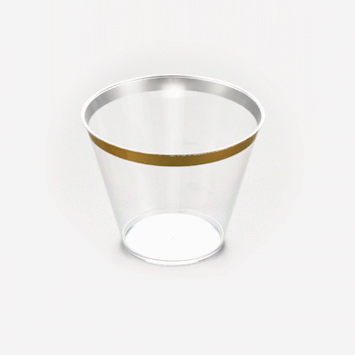 Chef 101 9 oz Clear Plastic Tumbler - with Gold Rim - 3 1/2" x 3 1/2" x 2 3/4" - 500 count box