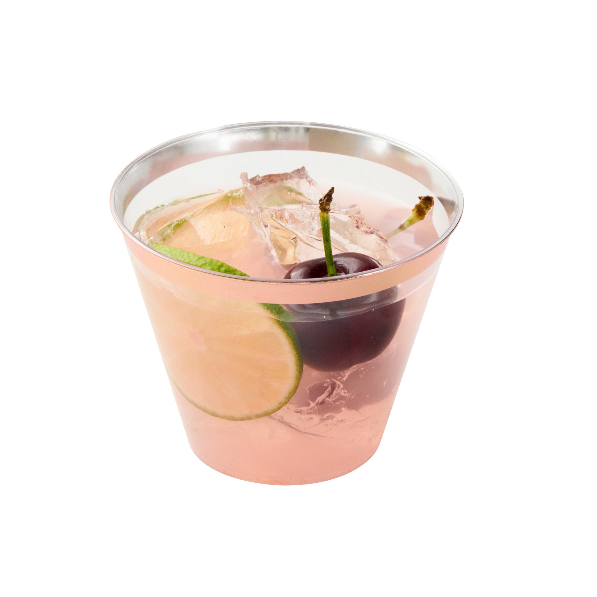 Chef 101 9 oz Clear Plastic Tumbler - with Rose Gold Rim - 3 1/2" x 3 1/2" x 2 3/4" - 20 count box