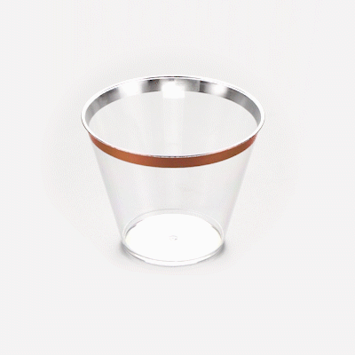 Chef 101 9 oz Clear Plastic Tumbler - with Rose Gold Rim - 3 1/2" x 3 1/2" x 2 3/4" - 20 count box