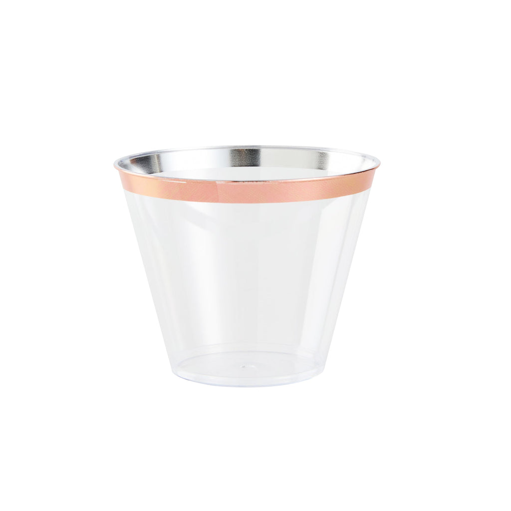 Chef 101 9 oz Clear Plastic Tumbler - with Rose Gold Rim - 3 1/2" x 3 1/2" x 2 3/4" - 20 count box