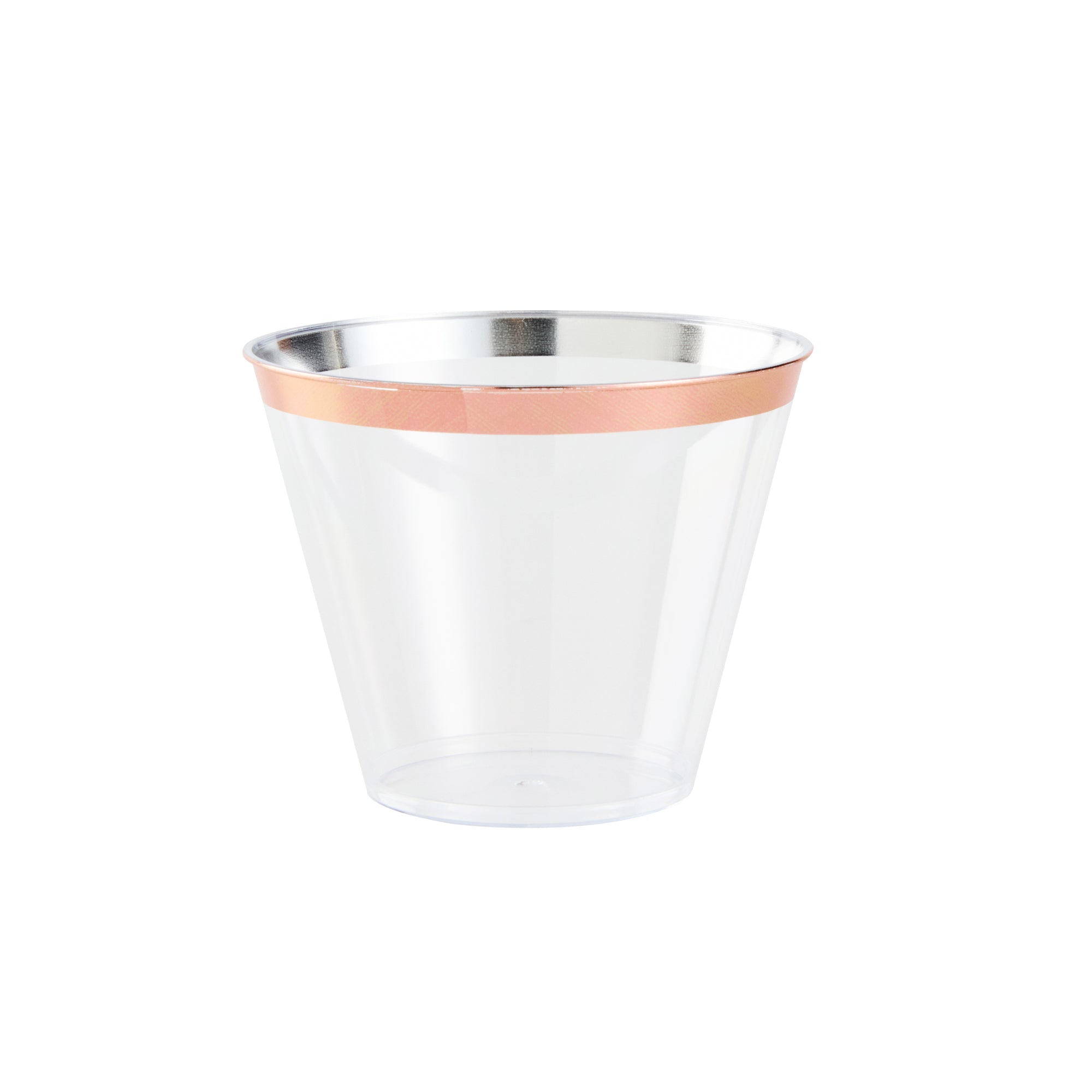 Chef 101 9 oz Clear Plastic Tumbler - with Rose Gold Rim - 3 1/2" x 3 1/2" x 2 3/4" - 20 count box