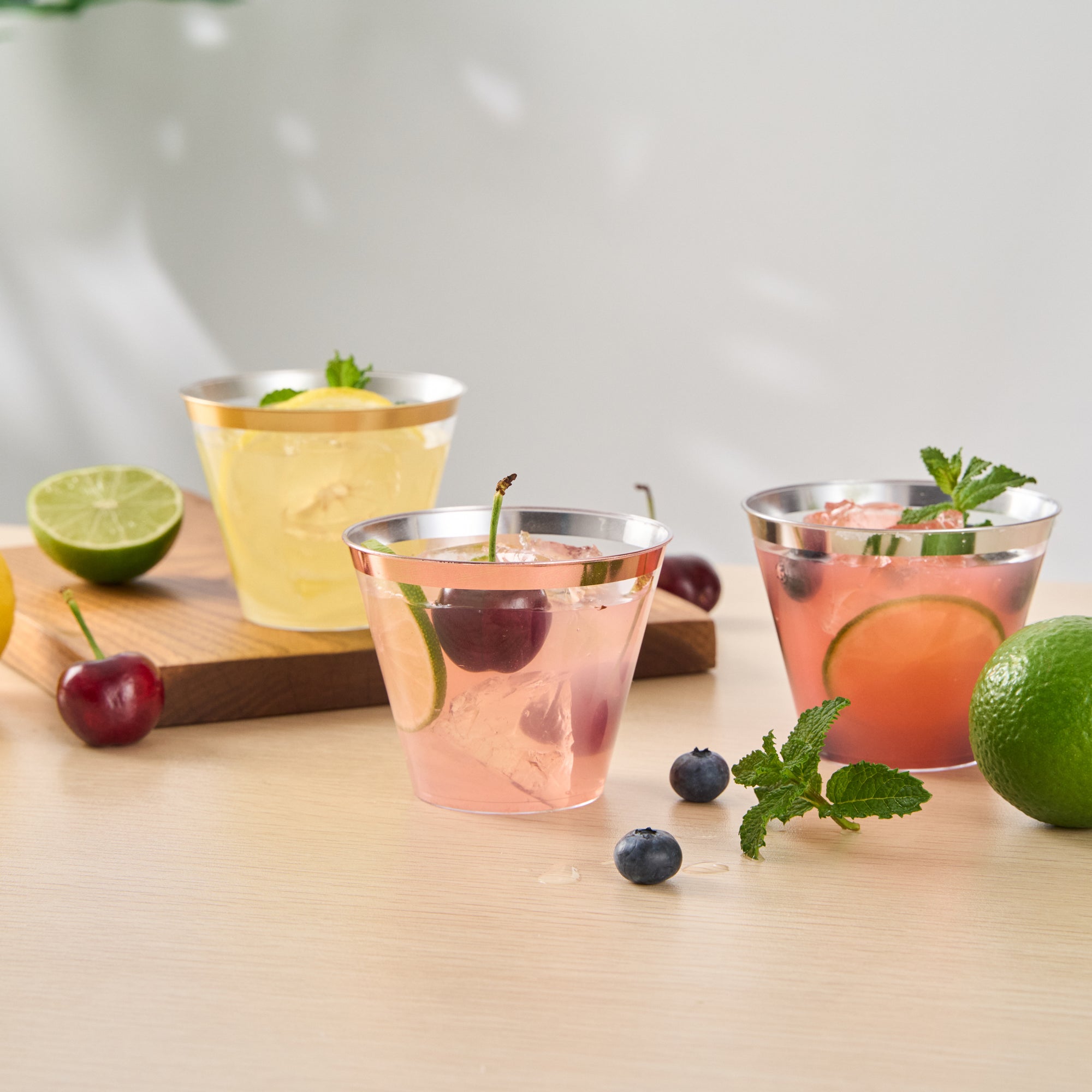 Chef 101 9 oz Clear Plastic Tumbler - with Rose Gold Rim - 3 1/2" x 3 1/2" x 2 3/4" - 20 count box