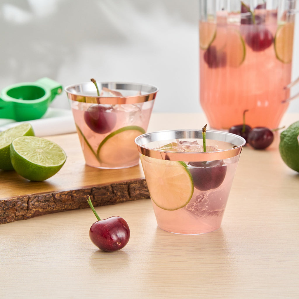 Chef 101 9 oz Clear Plastic Tumbler - with Rose Gold Rim - 3 1/2" x 3 1/2" x 2 3/4" - 20 count box
