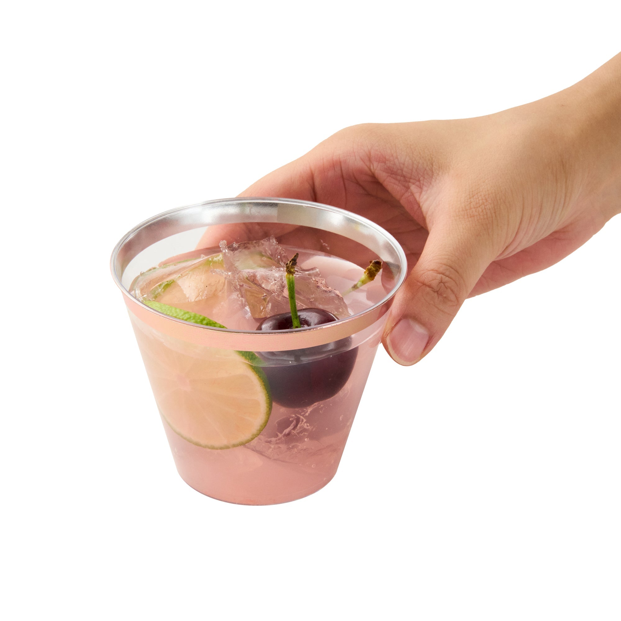 Chef 101 9 oz Clear Plastic Tumbler - with Rose Gold Rim - 3 1/2" x 3 1/2" x 2 3/4" - 500 count box