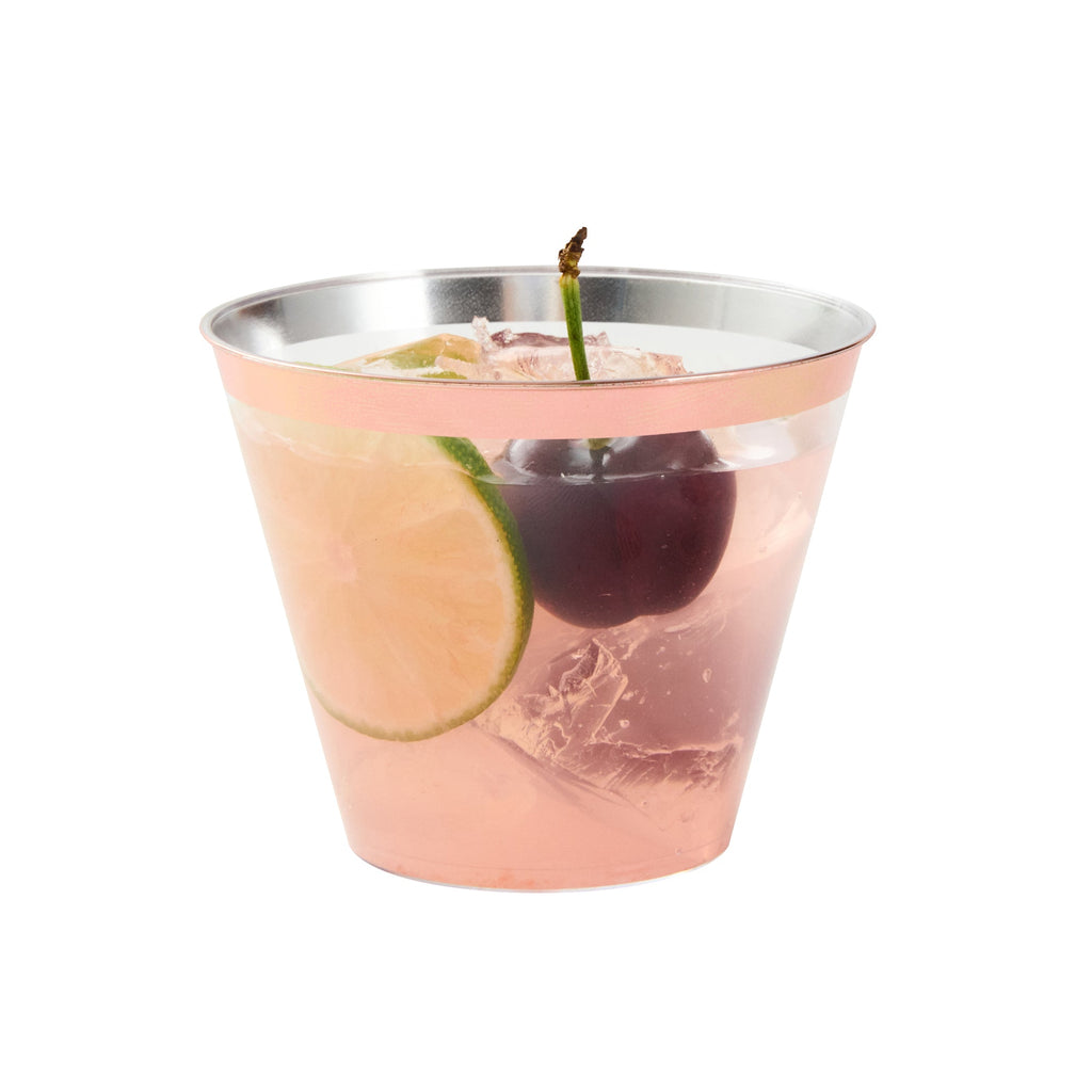 Chef 101 9 oz Clear Plastic Tumbler - with Rose Gold Rim - 3 1/2" x 3 1/2" x 2 3/4" - 500 count box