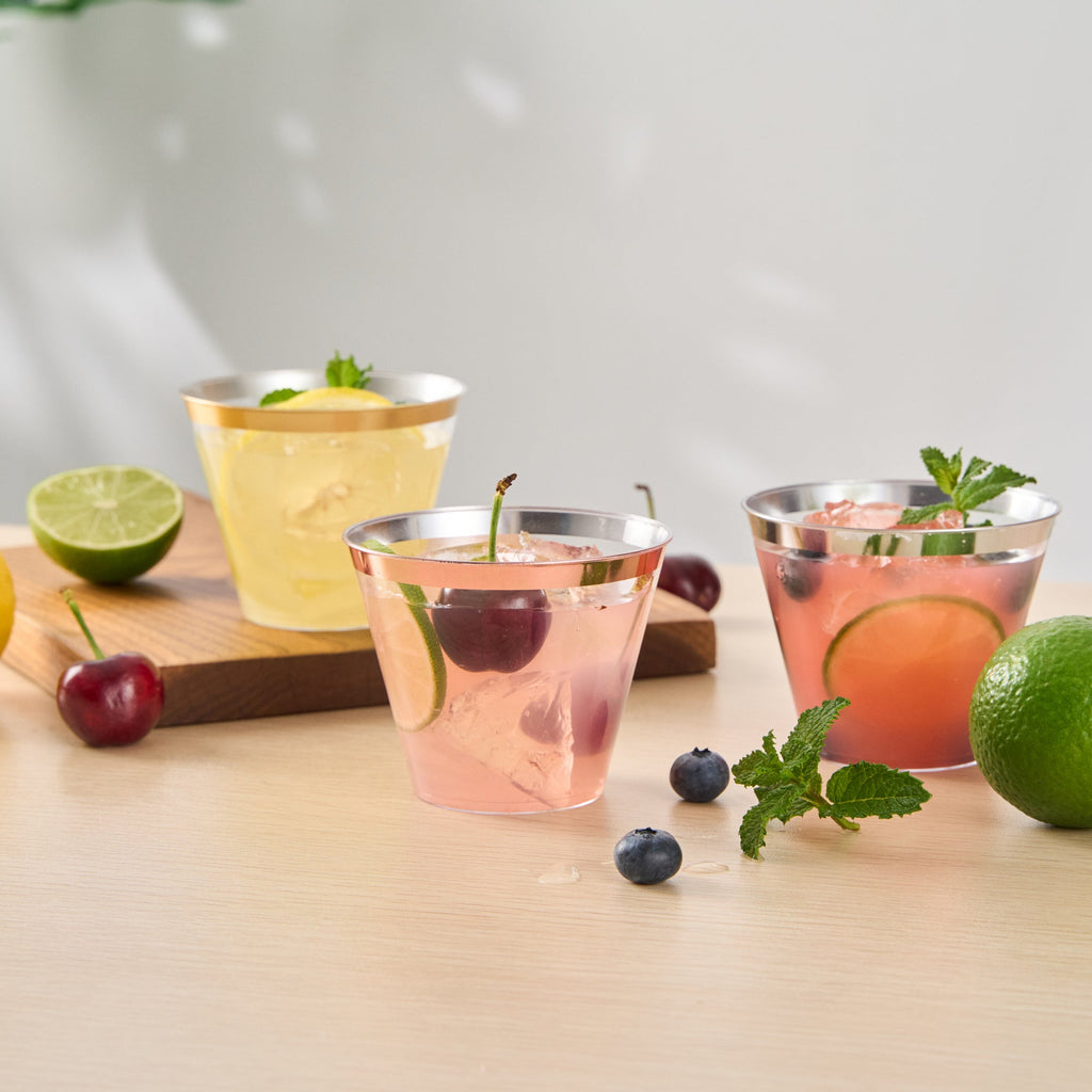 Chef 101 9 oz Clear Plastic Tumbler - with Rose Gold Rim - 3 1/2" x 3 1/2" x 2 3/4" - 500 count box