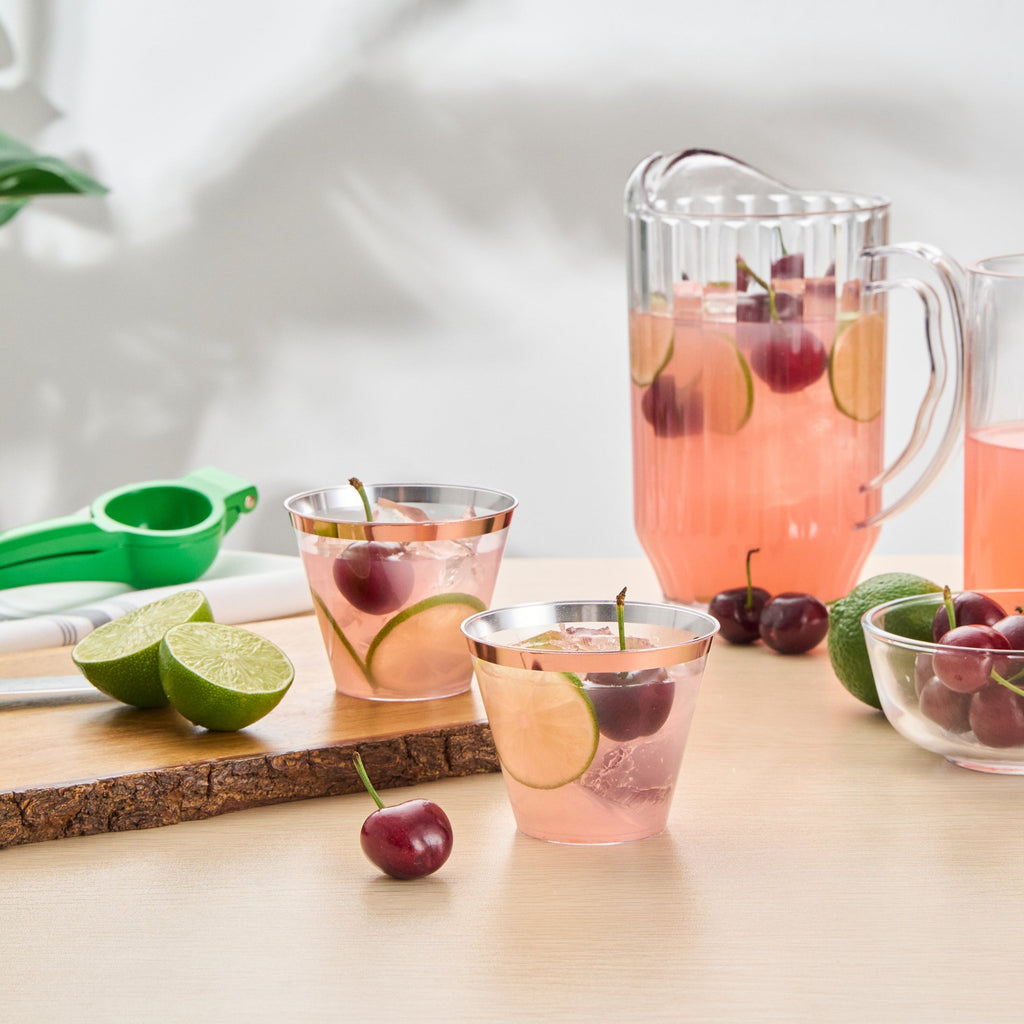 Chef 101 9 oz Clear Plastic Tumbler - with Rose Gold Rim - 3 1/2" x 3 1/2" x 2 3/4" - 500 count box