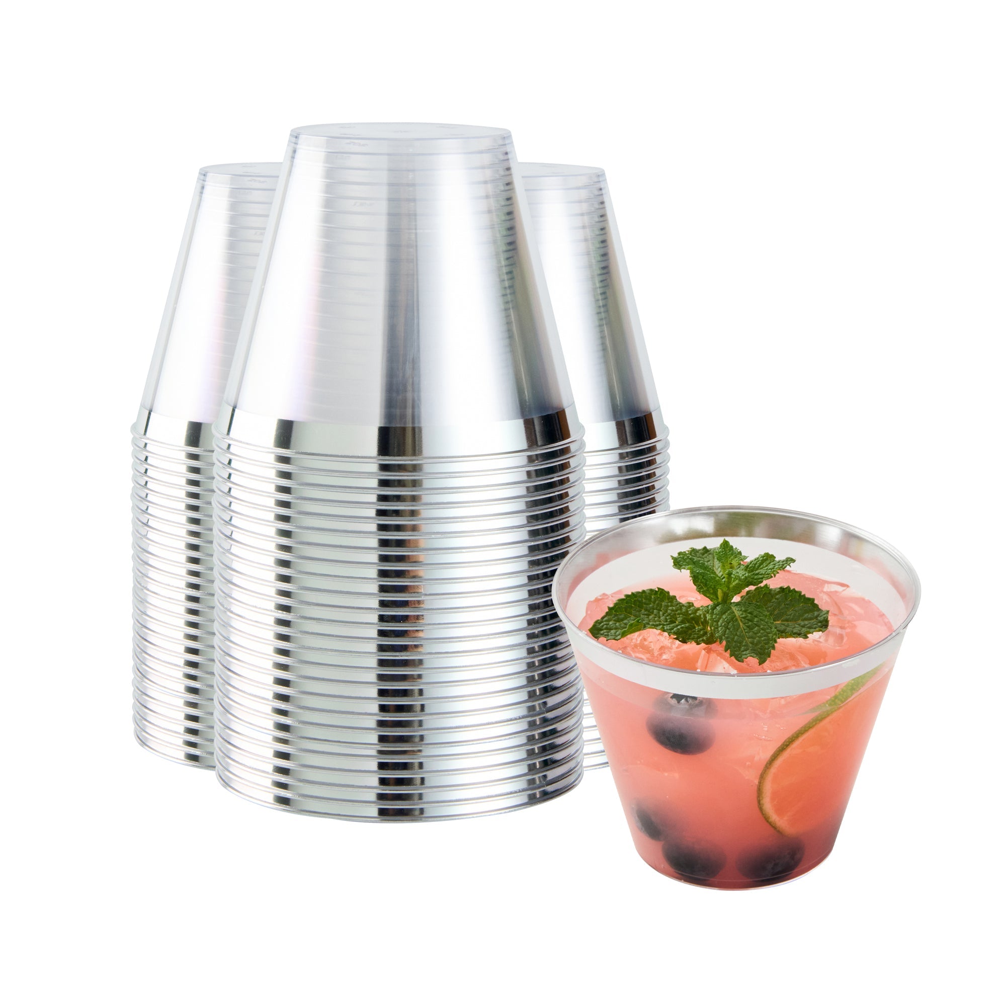 Chef 101 9 oz Clear Plastic Tumbler - with Silver Rim - 3 1/2" x 3 1/2" x 2 3/4" - 500 count box