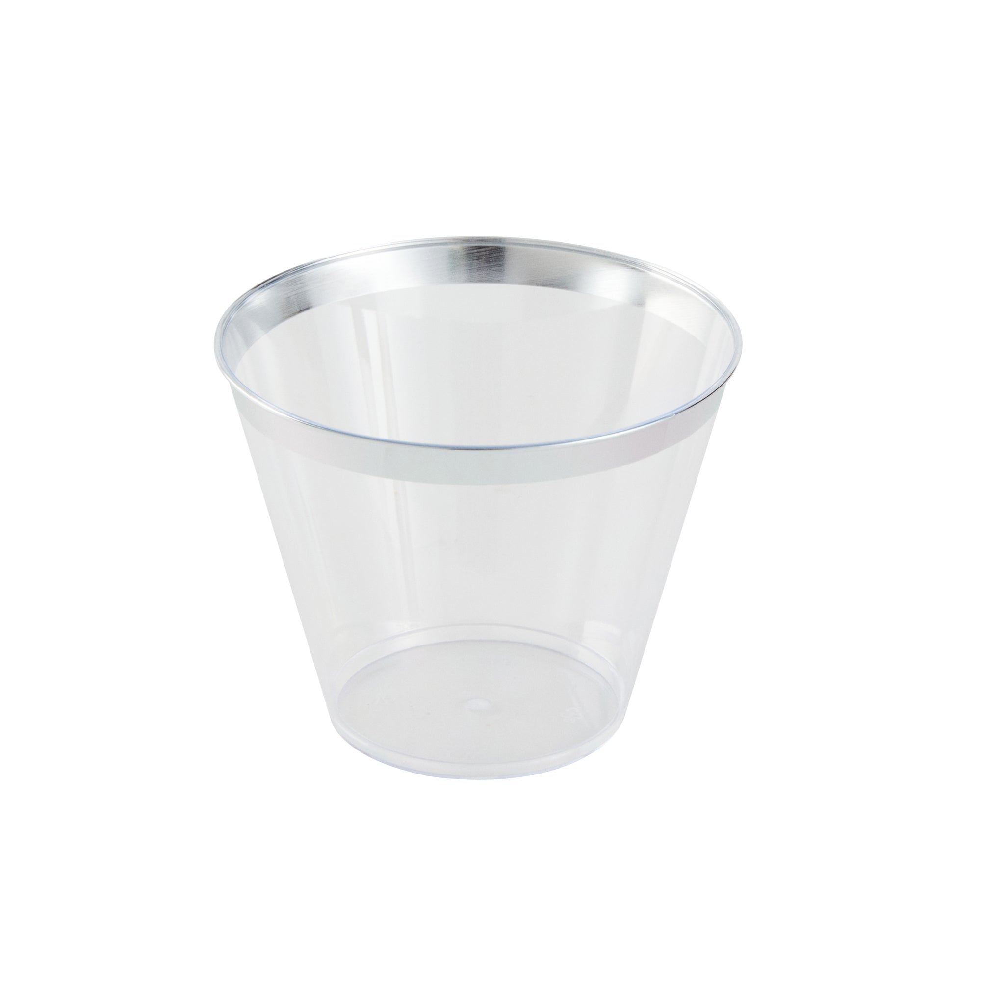 Chef 101 9 oz Clear Plastic Tumbler - with Silver Rim - 3 1/2" x 3 1/2" x 2 3/4" - 20 count box
