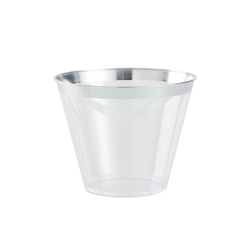 Chef 101 9 oz Clear Plastic Tumbler - with Silver Rim - 3 1/2" x 3 1/2" x 2 3/4" - 20 count box