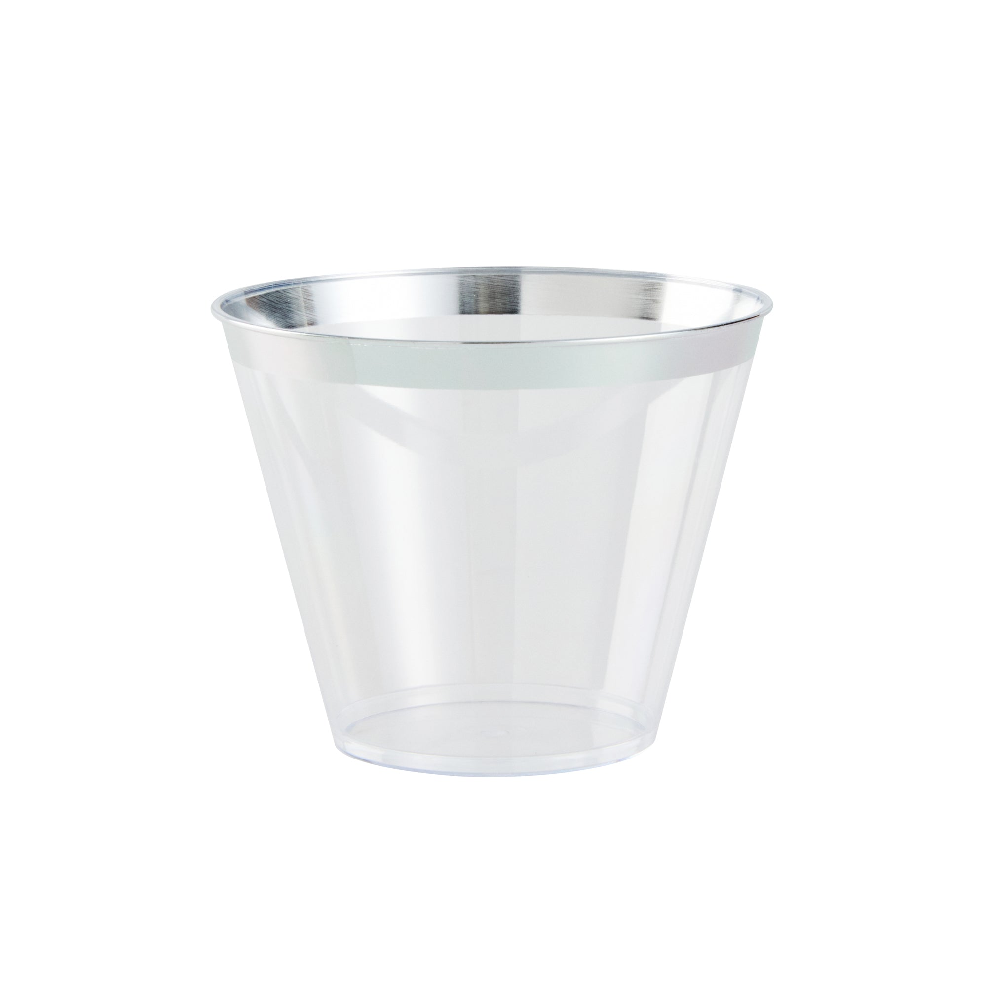 Chef 101 9 oz Clear Plastic Tumbler - with Silver Rim - 3 1/2" x 3 1/2" x 2 3/4" - 20 count box