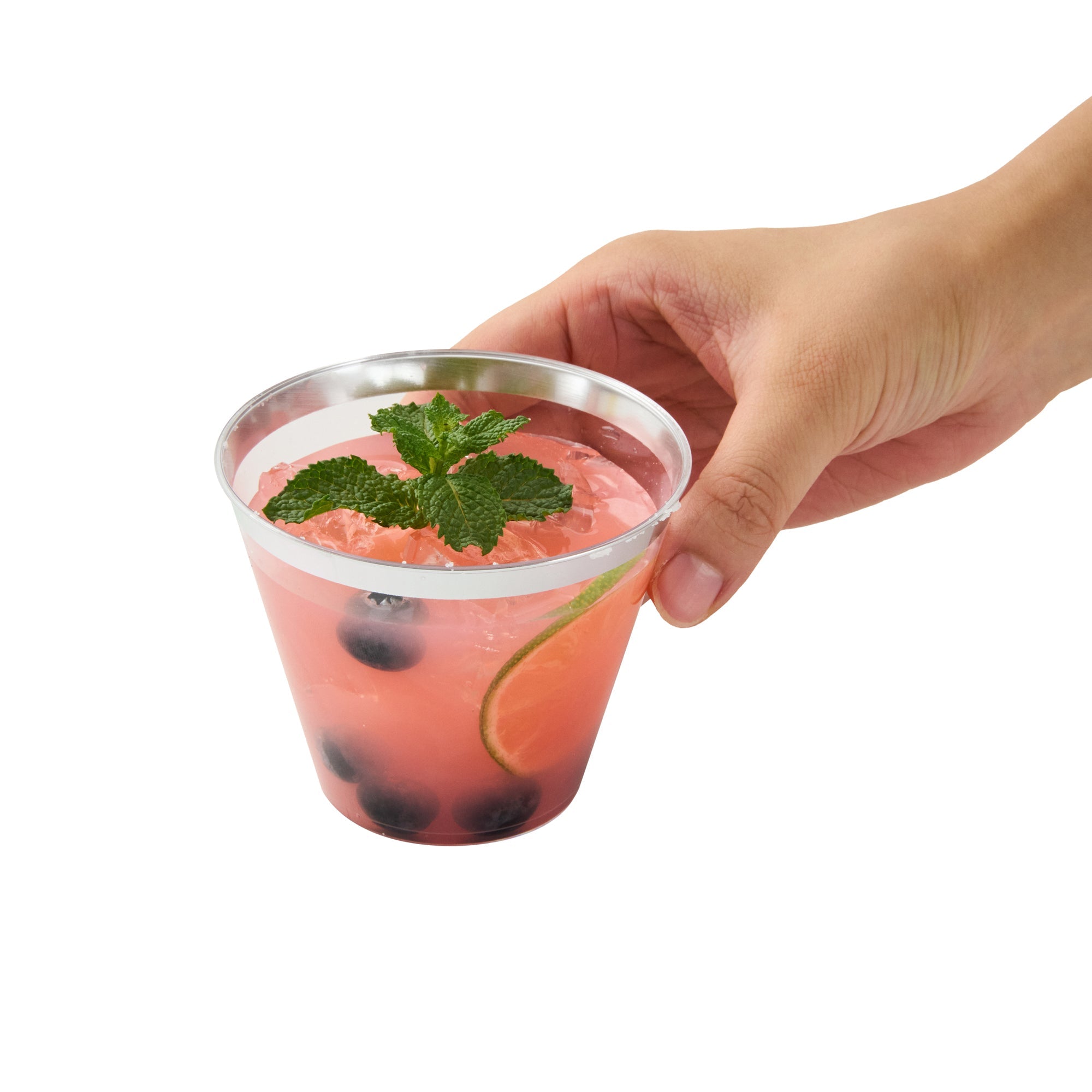 Chef 101 9 oz Clear Plastic Tumbler - with Silver Rim - 3 1/2" x 3 1/2" x 2 3/4" - 500 count box