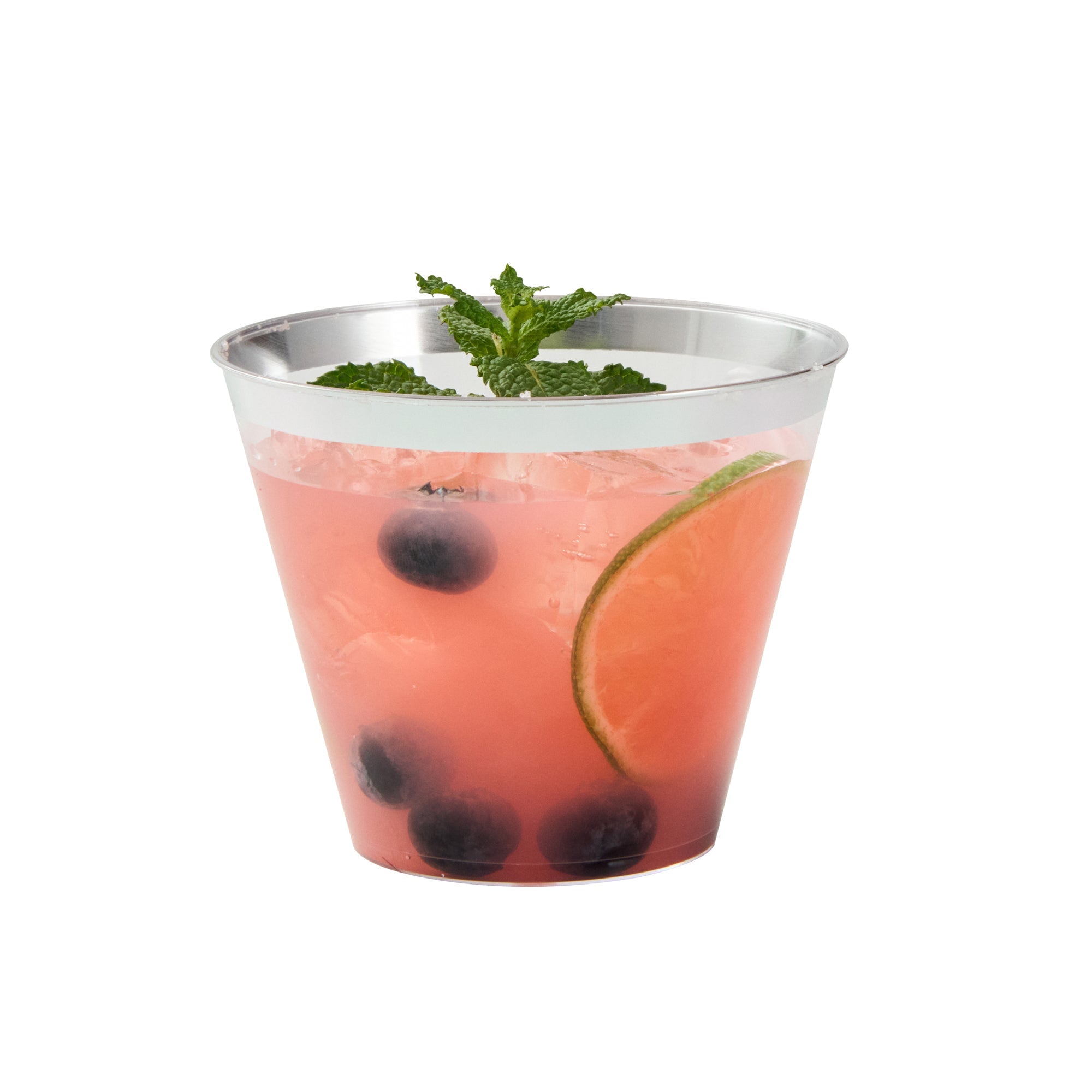 Chef 101 9 oz Clear Plastic Tumbler - with Silver Rim - 3 1/2" x 3 1/2" x 2 3/4" - 500 count box