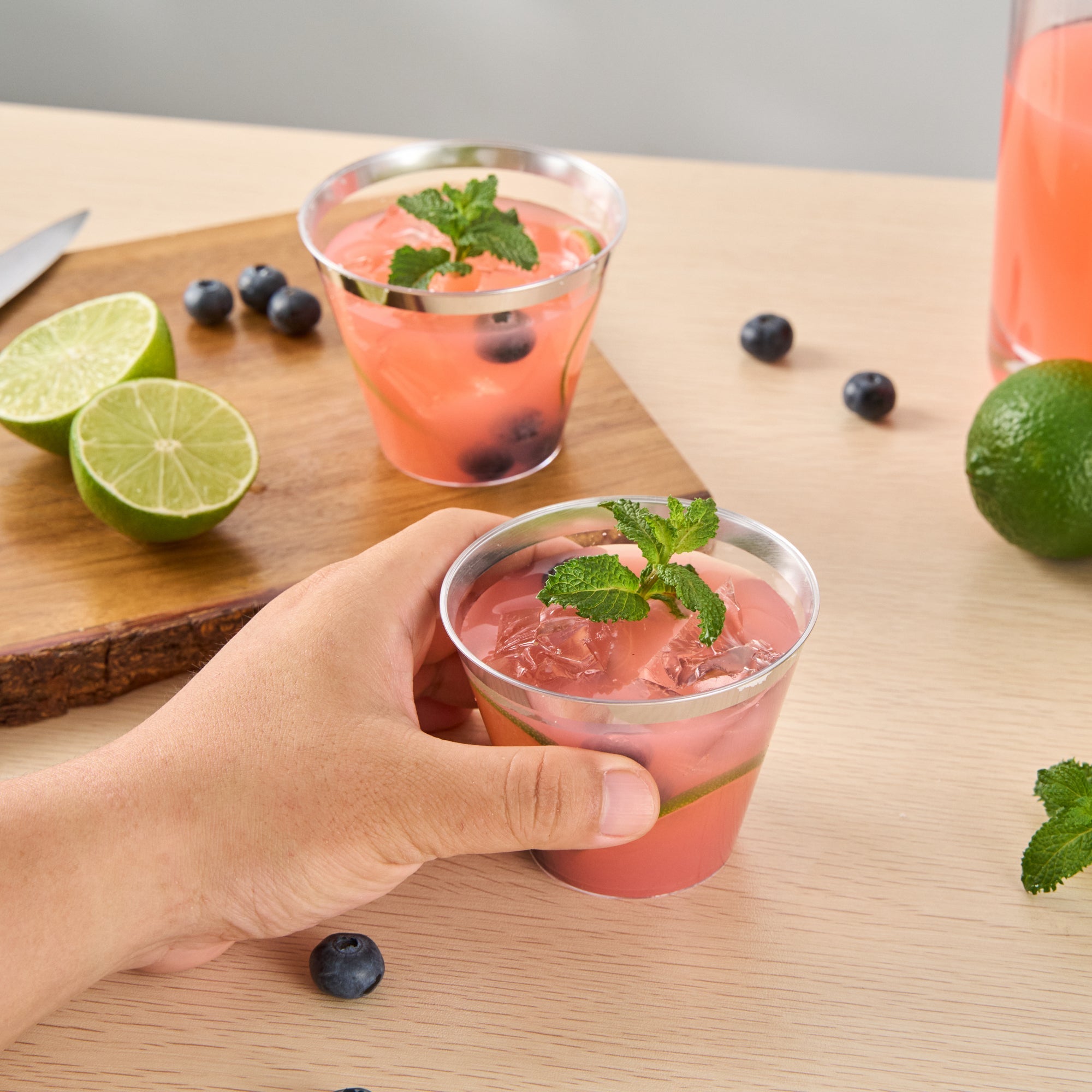 Chef 101 9 oz Clear Plastic Tumbler - with Silver Rim - 3 1/2" x 3 1/2" x 2 3/4" - 500 count box