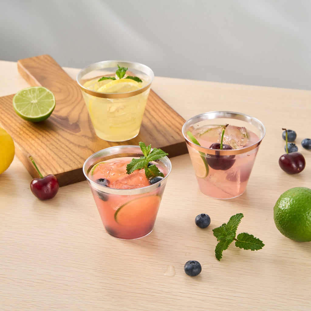 Chef 101 9 oz Clear Plastic Tumbler - with Silver Rim - 3 1/2" x 3 1/2" x 2 3/4" - 500 count box