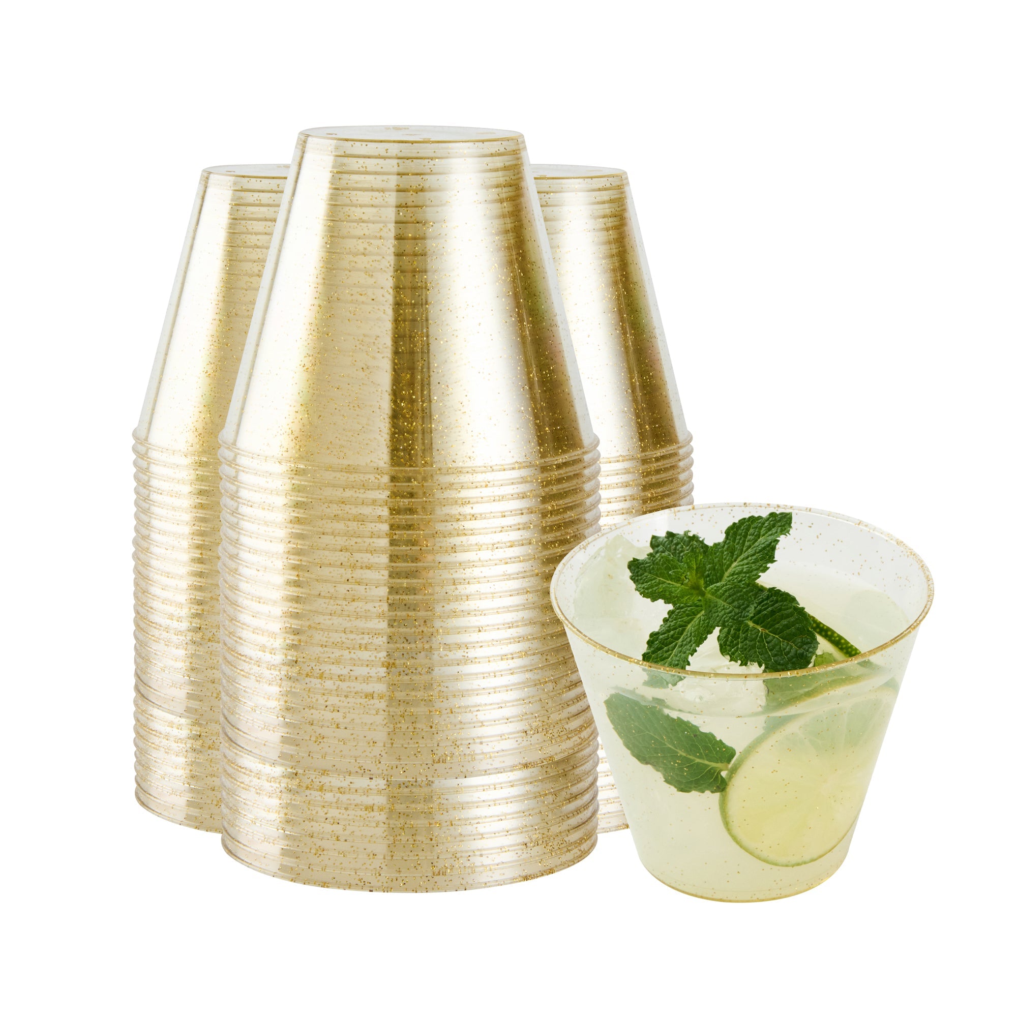 Chef 101 9 oz Gold Glitter Plastic Tumbler - 3 1/2" x 3 1/2" x 2 3/4" - 500 count box
