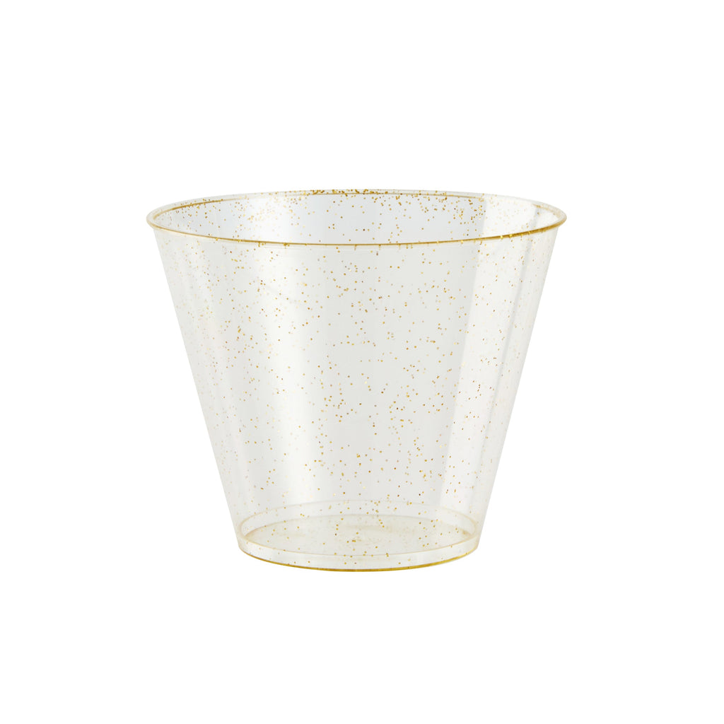 Chef 101 9 oz Gold Glitter Plastic Tumbler - 3 1/2" x 3 1/2" x 2 3/4" - 500 count box
