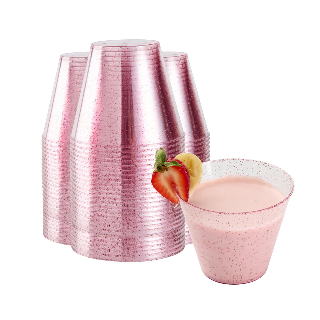 Chef 101 9 oz Pink Glitter Plastic Tumbler - 3 1/2" x 3 1/2" x 2 3/4" - 20 count box