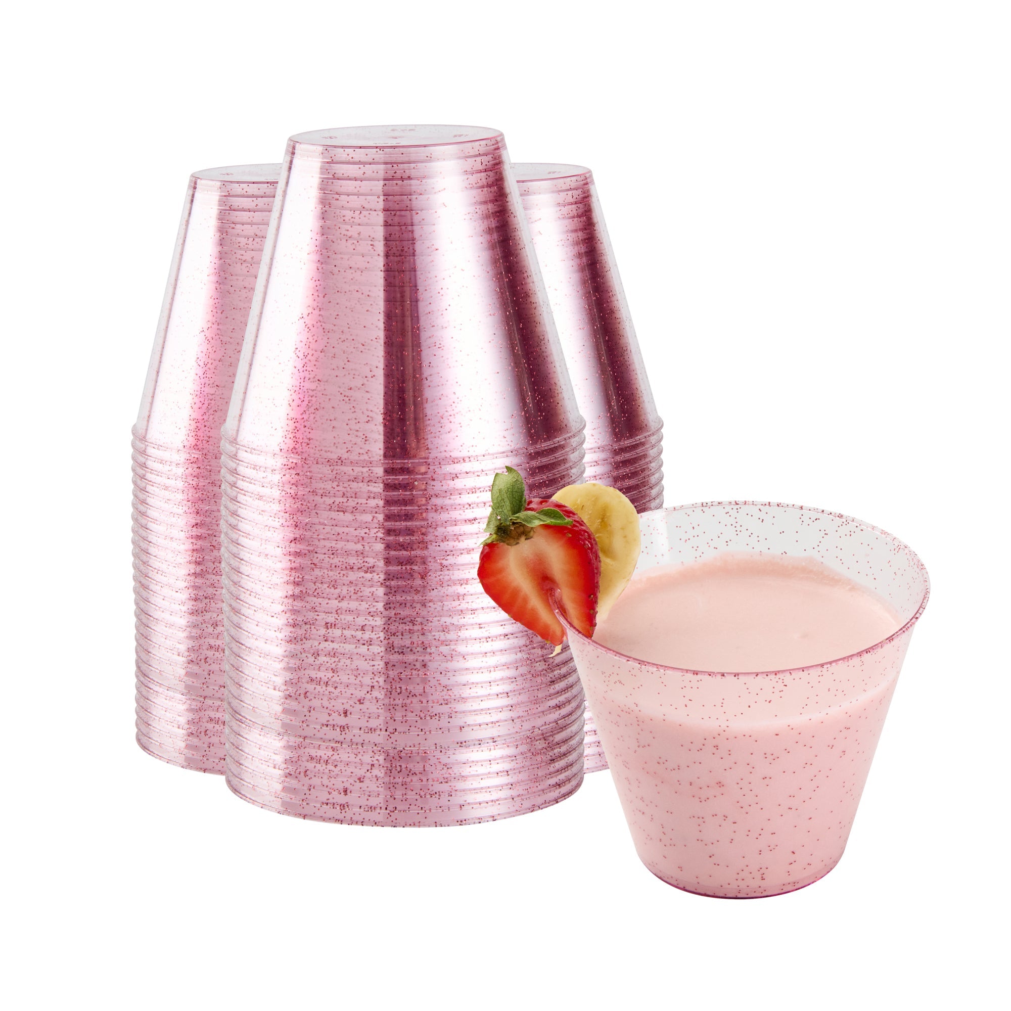 Chef 101 9 oz Pink Glitter Plastic Tumbler - 3 1/2" x 3 1/2" x 2 3/4" - 20 count box