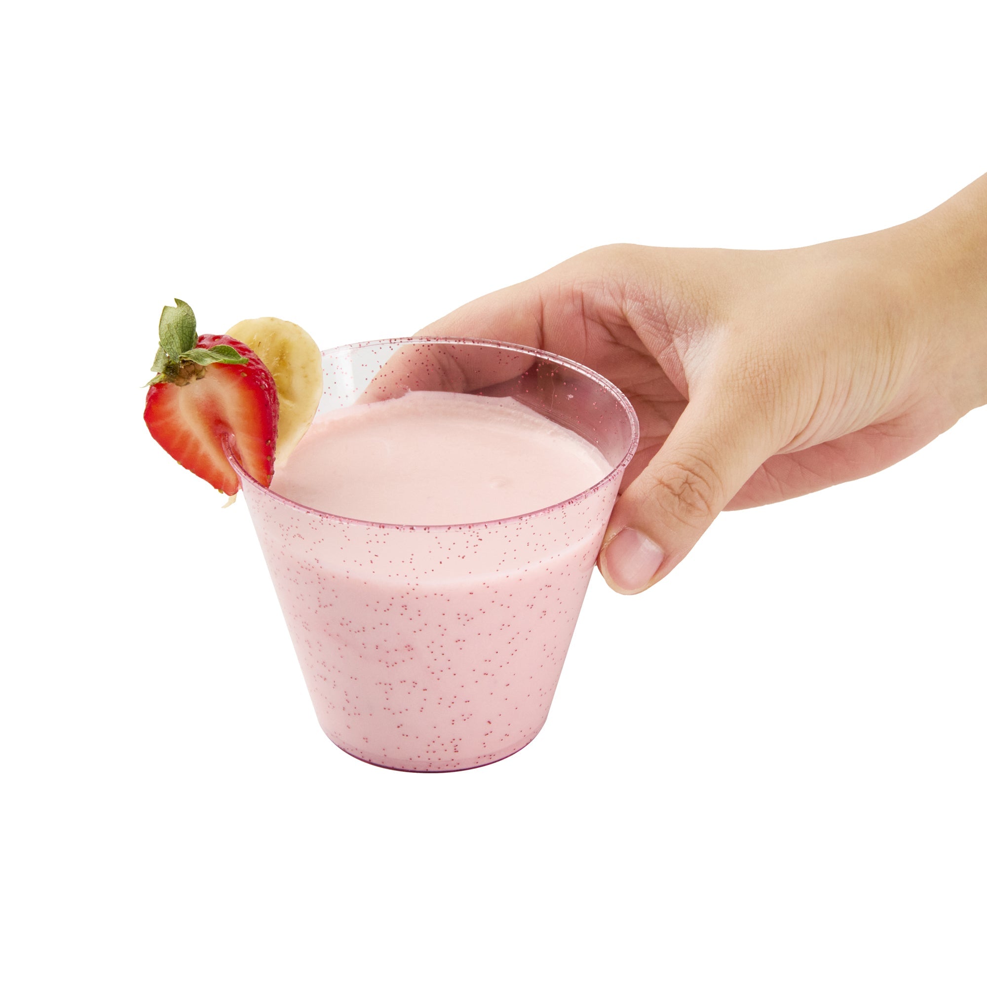 Chef 101 9 oz Pink Glitter Plastic Tumbler - 3 1/2" x 3 1/2" x 2 3/4" - 20 count box