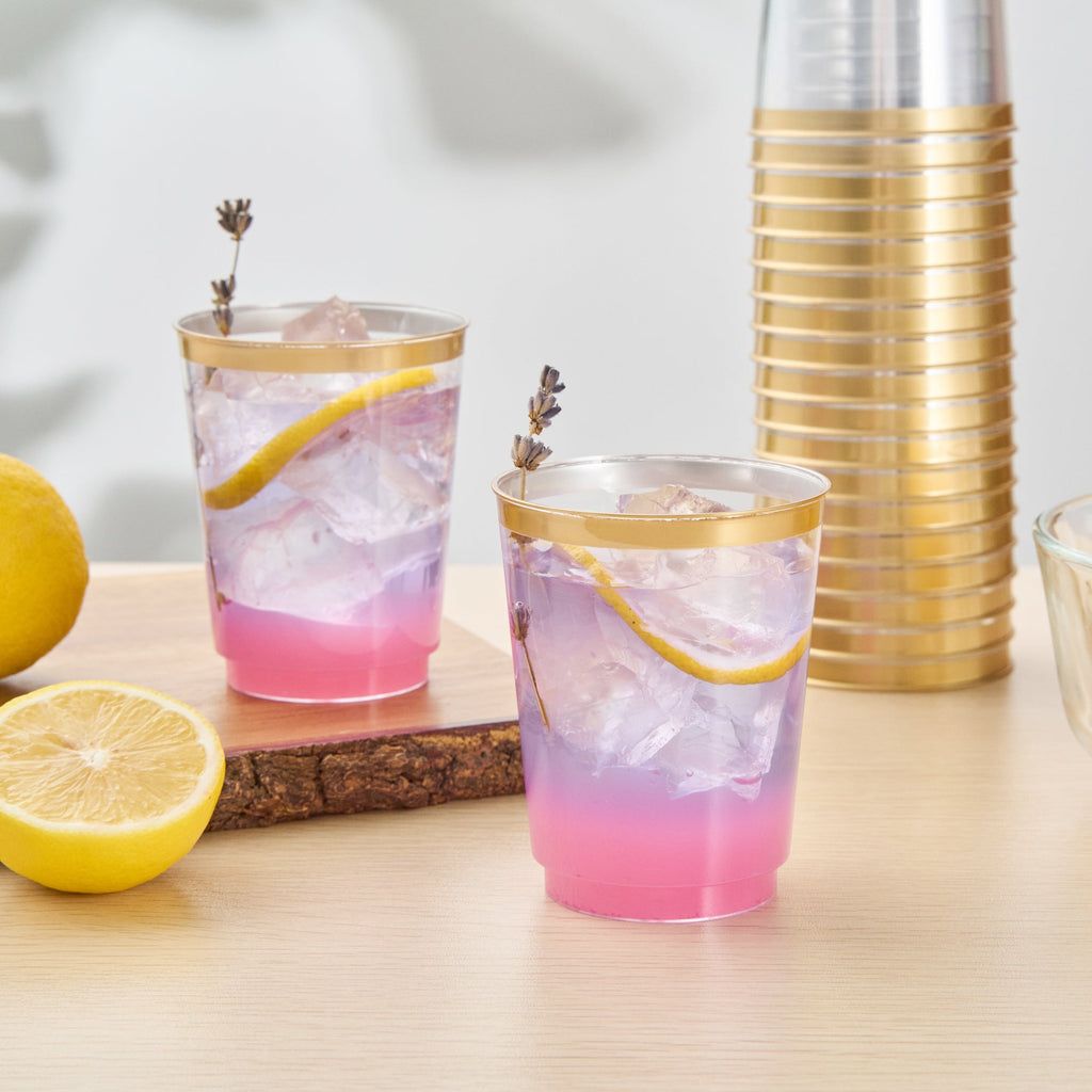 Chef 101 10 oz Clear Plastic Tumbler - with Gold Rim - 3" x 3" x 3 3/4" - 500 count box