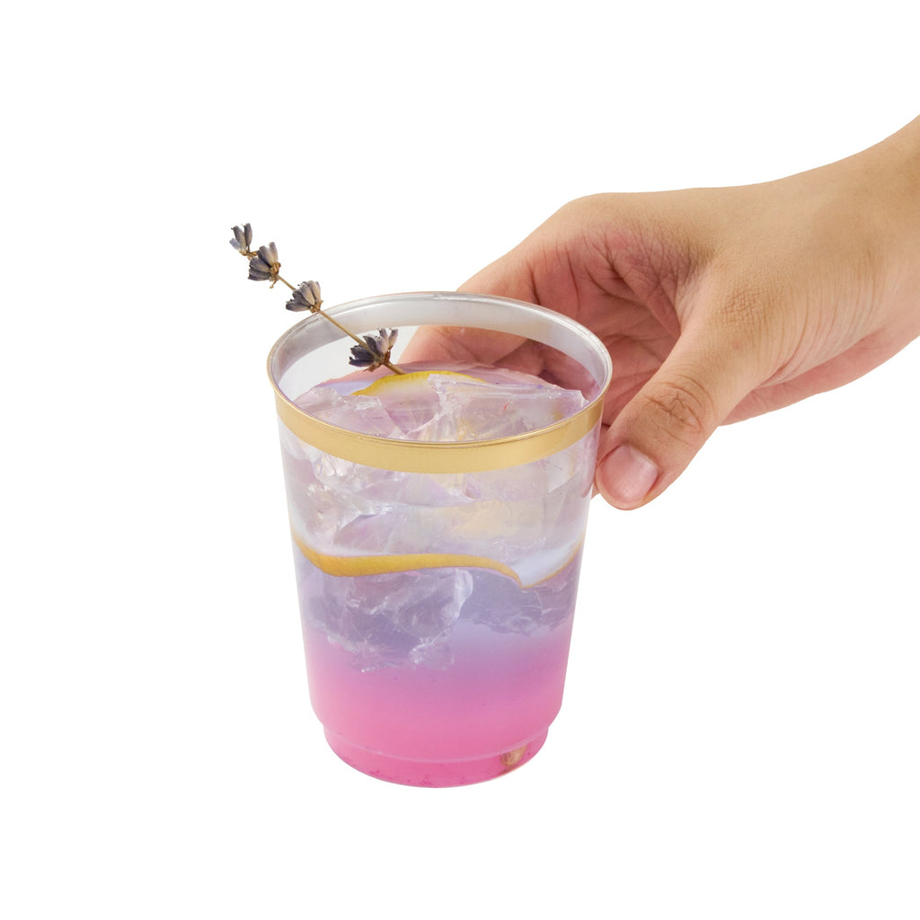 Chef 101 10 oz Clear Plastic Tumbler - with Gold Rim - 3" x 3" x 3 3/4" - 500 count box